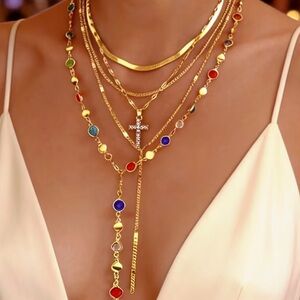 5 pc Set Gold Multi-Color Gem Layered Necklace